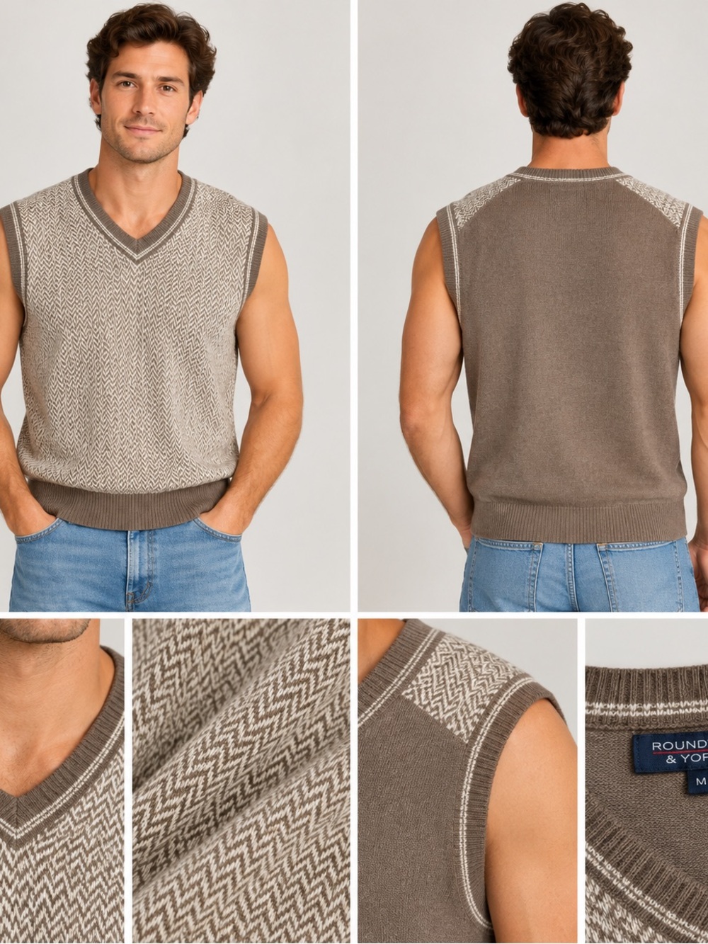 Roundtree & Yorke Taupe and Cream V-Neck Herringbone Sweater Vest